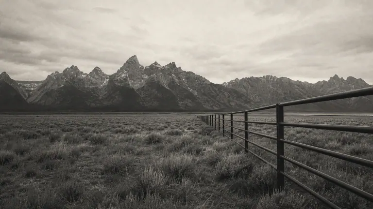 A steel corral fence crossing sagebrush flats toward the Teton Range